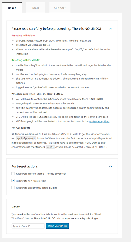 WP Reset Plugin Reset Tutorial